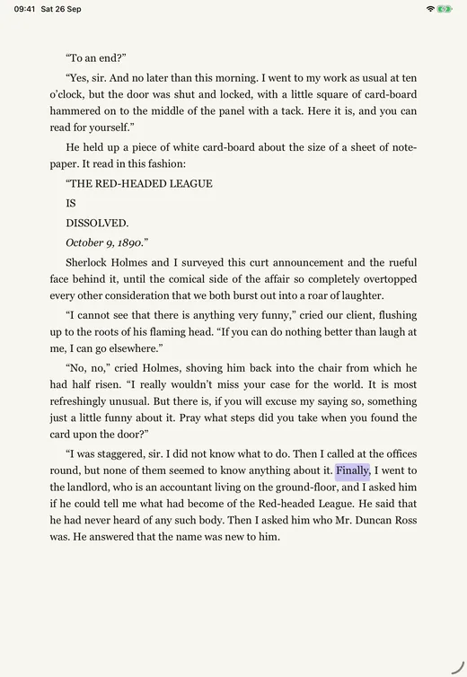 Witbound on iPad reading The Red-Headed League with the spoken word lit