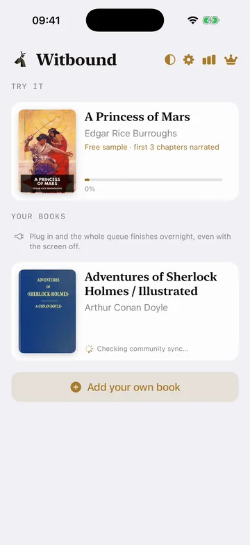 A newly added book on the Witbound shelf, checking community sync before syncing on the phone