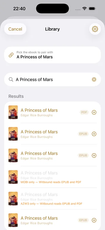 Pairing an audiobook with an ebook from your own library: Witbound searches the catalogue for A Princess of Mars and labels each format