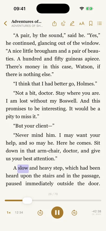 Witbound on iPhone reading A Scandal in Bohemia: the word slow is lit as David Clarke reads it, player controls showing